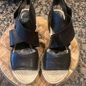 Eileen Fisher black leather size 8 platform espadrille sandals.